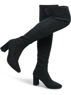 Women's Black Chunky Thigh High Boots Pointy-Toe High-Heel Over The Knee Boots